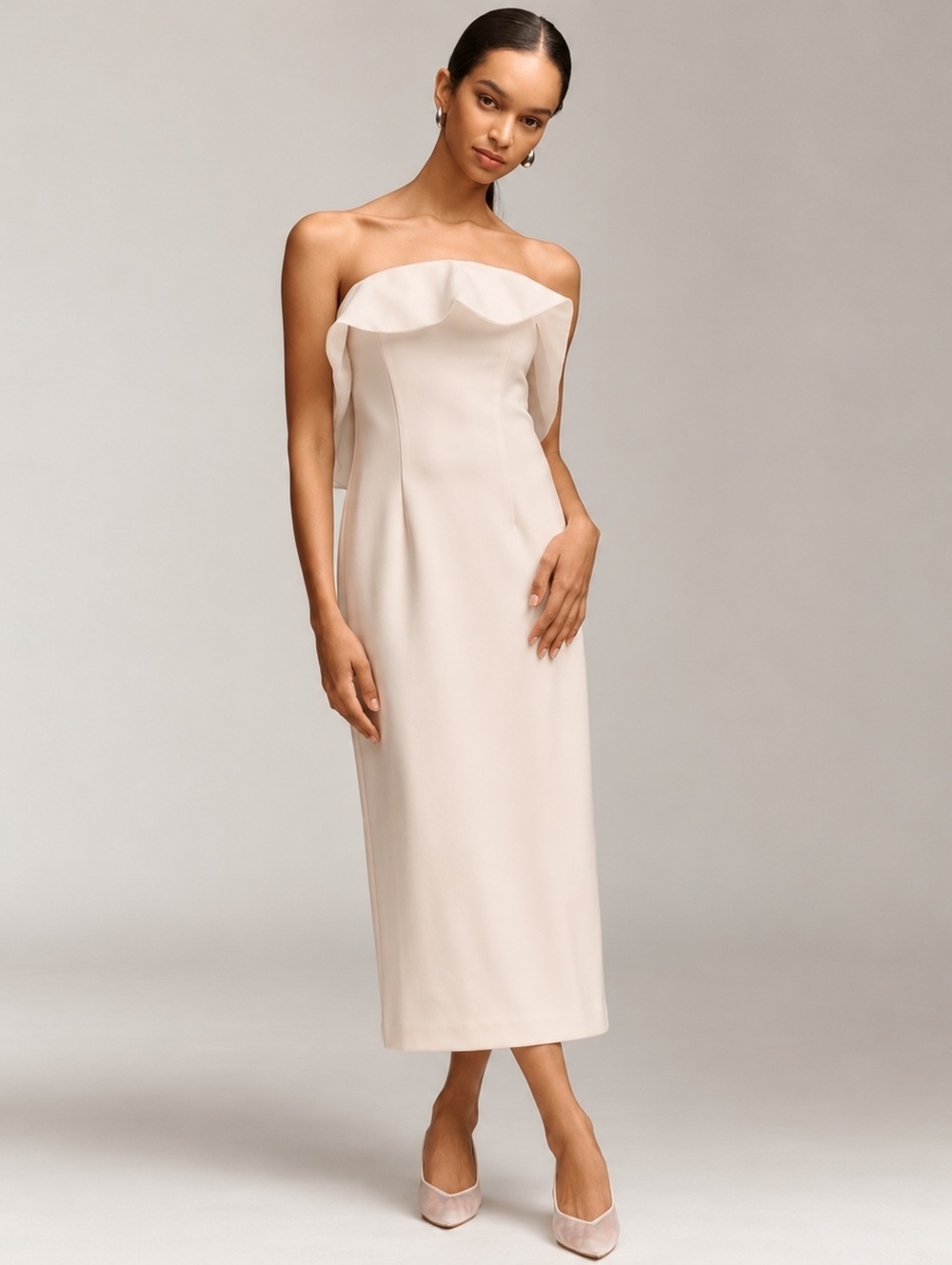 BHLDN Strapless Chiffon Ruffle Ivory Bridal Midi Dress Size Small